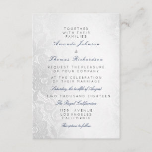 Invitation Bleu marine gris argent dentelle floral mariage