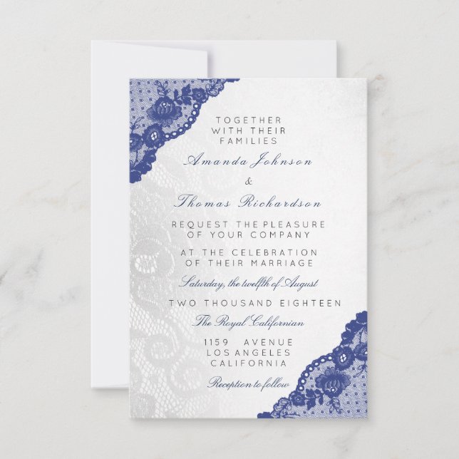 Invitation Bleu marine gris argenté mariage délicat (Devant)