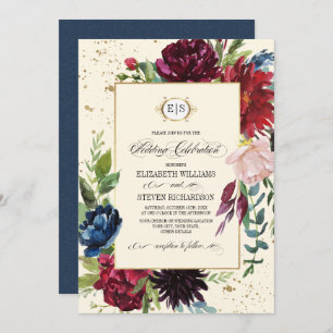 Invitation Bleu marine Mariage d'aquarelle florale de Bourg