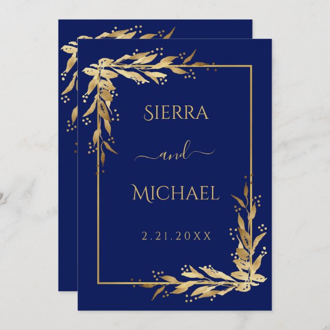Invitation Bleu Marine | Mariage de feuillage d'Eucalyptus d' (Devant / Derrière)