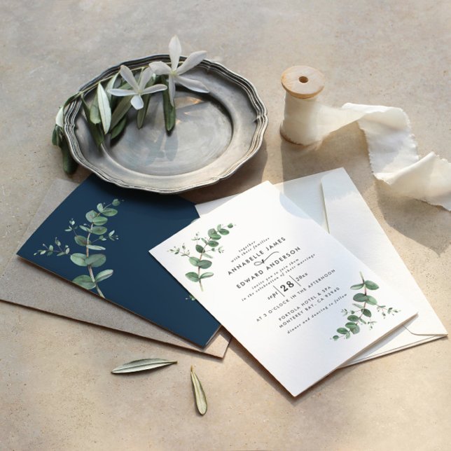 Invitation bleu marine mariage Eucalyptus simple moderne (Créateur téléchargé)