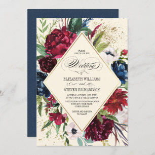 Invitation Bleu Marine Mariage géométrique floral de Bourgo