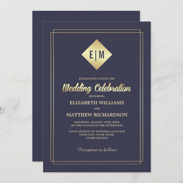 Invitation Bleu Marine | Mariage Gold Elegant (Devant / Derrière)