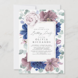 Invitation Bleu marine mauve floral élégant moderne Anniversa