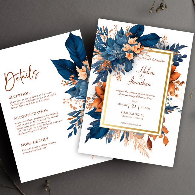 Invitation Bleu Marine Moderne Flore Élégante Tout en un Mari (Navy Blue Modern Elegant Floral All In One Wedding Invitation)