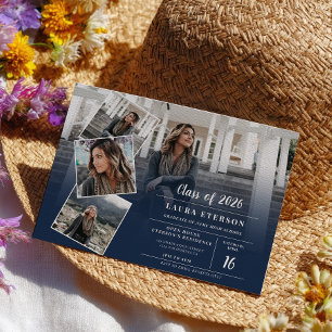 Invitation Bleu marine moderne minimaliste graduation photo