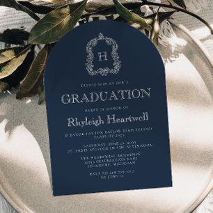 Invitation Bleu marine Monogramme Crest Arch Party de graduat