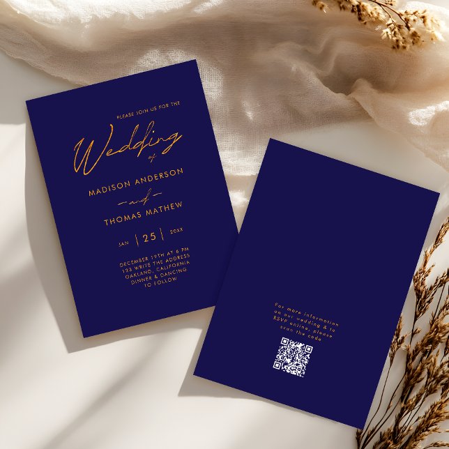 Invitation Bleu marine Or Typographie moderne Réponse mariage (Front / Back)