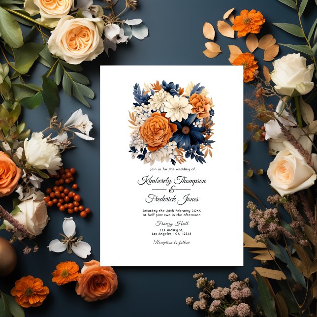 Invitation Bleu marine, orange brûlé et Mariage de fleurs de  (Navy Blue, Burnt Orange and Champagne)