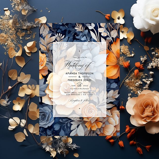 Invitation Bleu marine, orange brûlé et Mariage de fleurs de  (Créateur téléchargé)