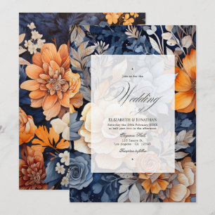 Invitation Bleu marine, orange brûlé et Mariage de fleurs de 