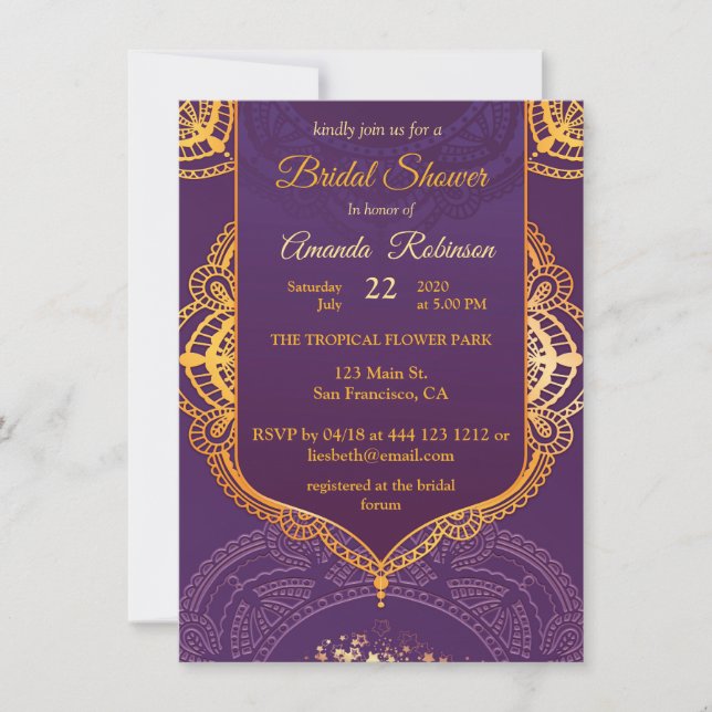Invitation Bleu marine ou violet avec Mandalas or (Devant)