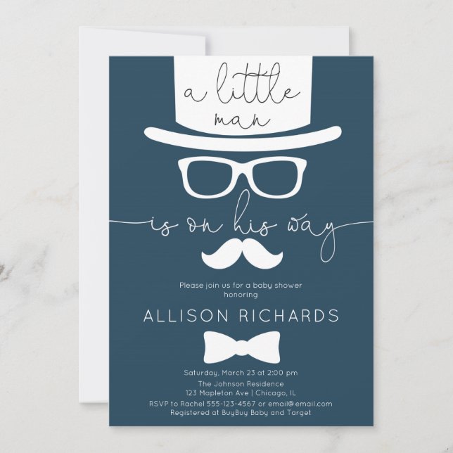 Invitation Bleu marine petit baby shower de garçon d'homme (Devant)