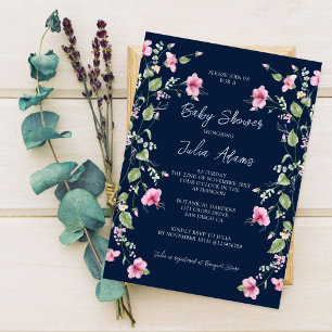 Invitation Bleu marine poussiéreux Rose Fleur d'Hibiscus Baby