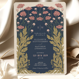 Invitation Bleu marine rose art nouveau floral vintage