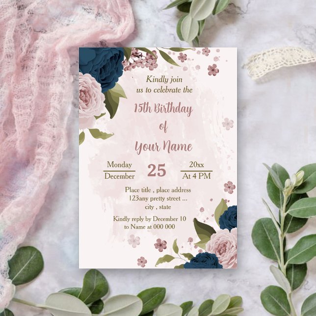 Invitation bleu marine rose fleurs botanique anniversaire (Créateur téléchargé)