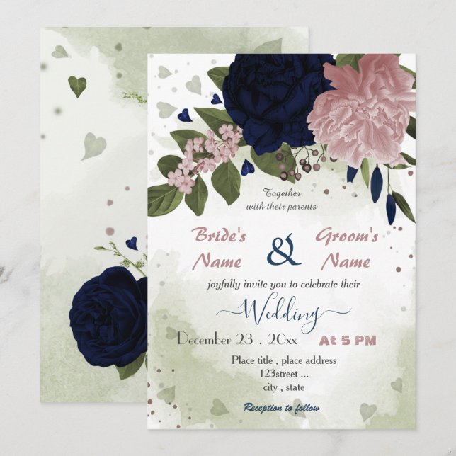 Invitation bleu marine rose fleurs verdure mariage (Devant / Derrière)