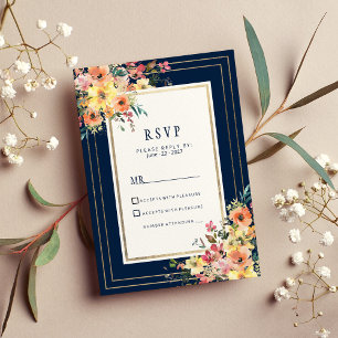 Invitation Bleu marine rose orange or floral printemps RSVP