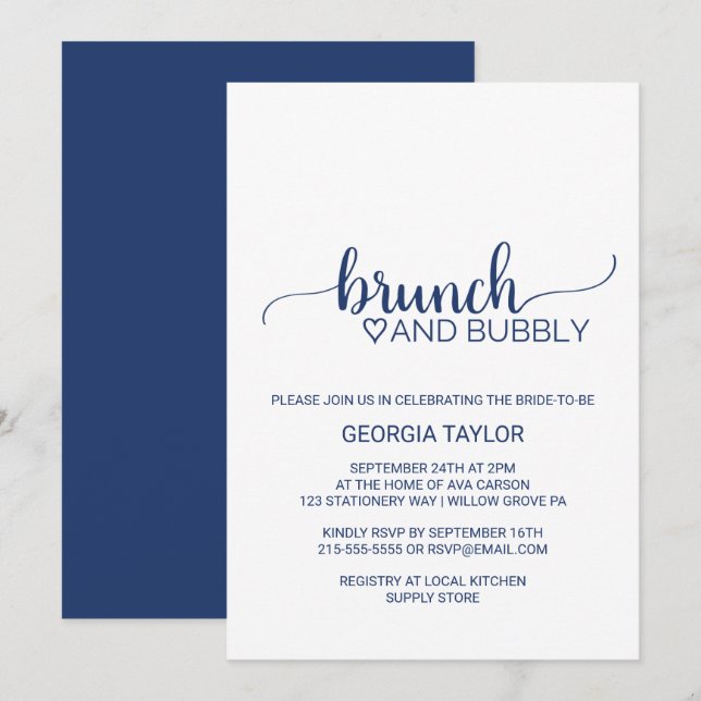 Invitation Bleu Marine Simple Calligraphie Brunch et Bubbly (Devant / Derrière)