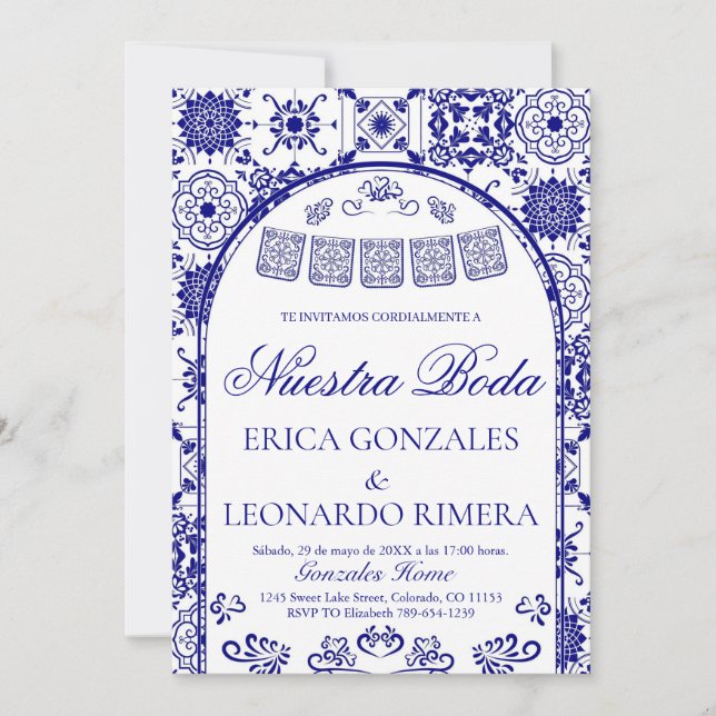 Invitation Bleu marine Talavera Papel Picado Mariage Espagnol (Devant)