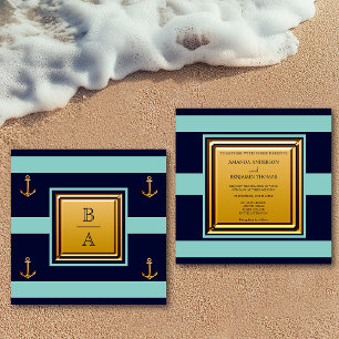 Invitation Bleu marine Turquoise rayures Ancre Mariage