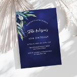 Invitation Bleu marine vert élégant anniversaire<br><div class="desc">Arrière - plan bleu marine,  décoré de verdure. La couleur bleue est inégale. Personnalisez et ajoutez votre nom et les détails de votre fête.</div>