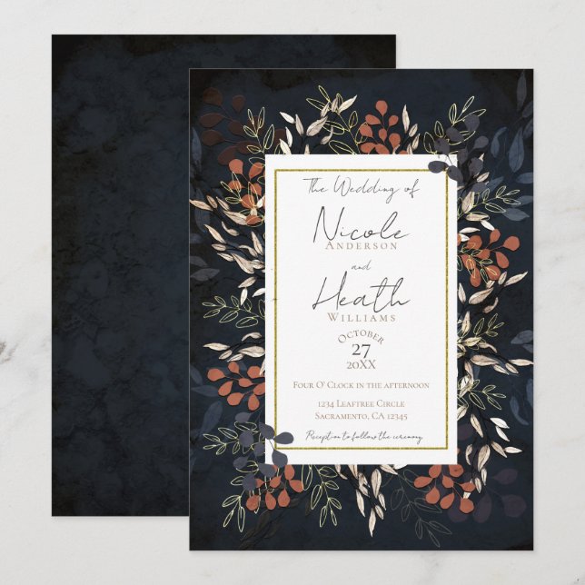 Invitation Bleu Maussade Or Gras Feuilles Botaniques Mariage (Devant / Derrière)