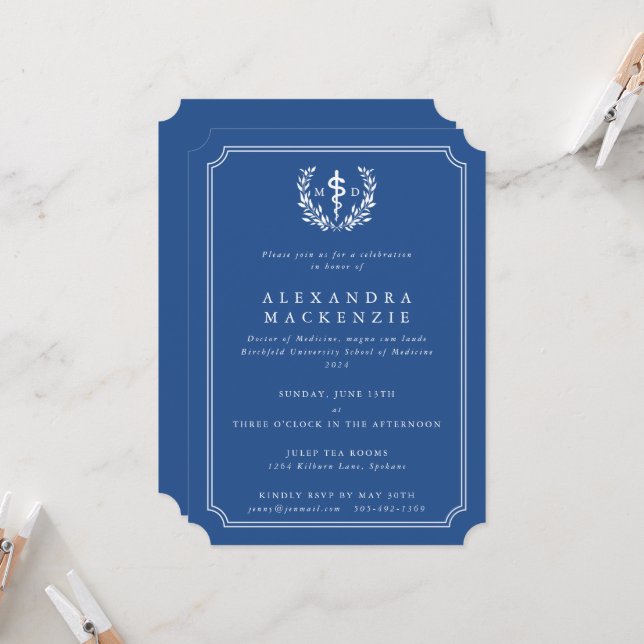 Invitation Bleu MD Asclepius + Couronne de Laurier de Remise  (Devant/Arrière en situation)