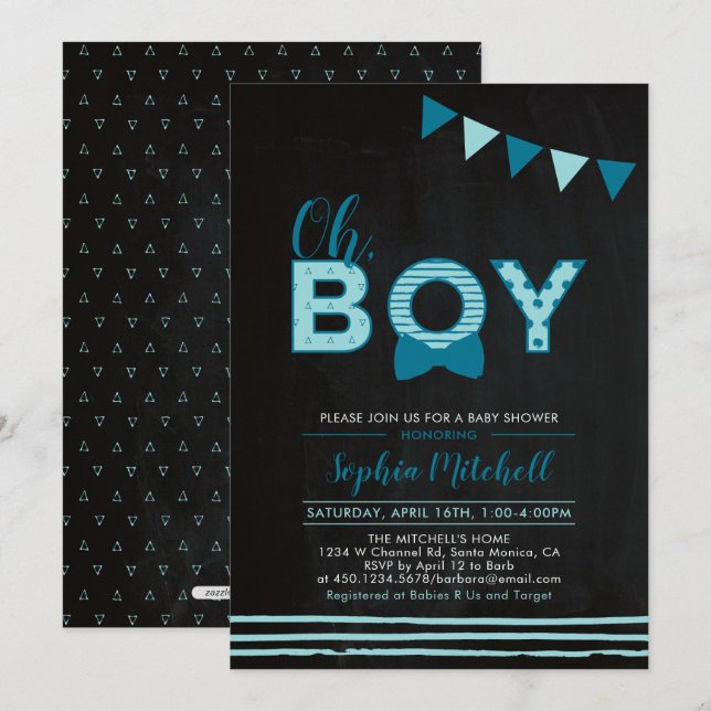 Invitation Bleu menthe & Marine | Tableau "Oh Boy" Baby Showe (Devant / Derrière)