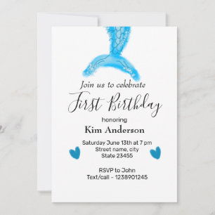 Invitation bleu mermaid aquarelle coeur ajouter nom anniversa