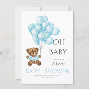 Invitation Bleu mignon baby shower Oh avec ballons d'ours en