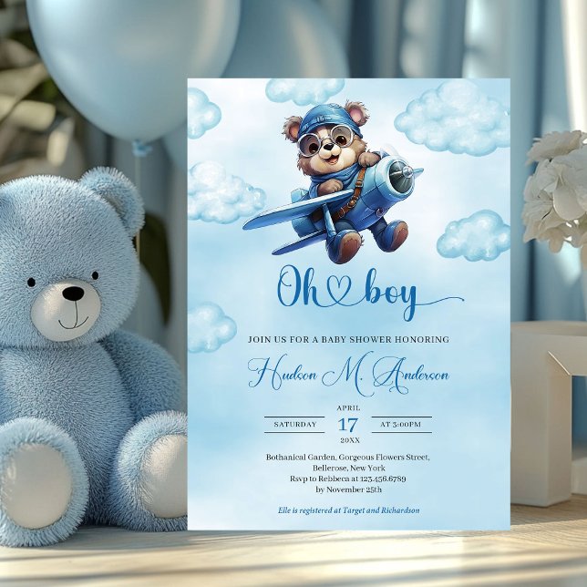 Invitation Bleu mignon et brun garçon en peluche aviateur d'o (teddy bear pilot - oh boy baby shower invitation)