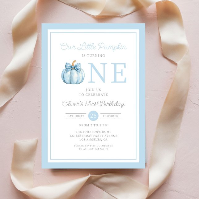 Invitation Bleu mignon Notre petit garçon Citrouille 1er anni (Cute Blue Our Little Pumpkin Boy 1st Birthday Invitation)