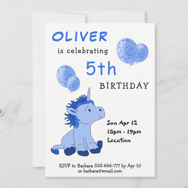 Invitation Bleu mignon Unicorn Ballons Boy`s Anniversaire (Devant)