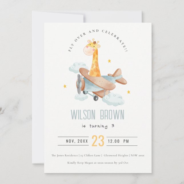 Invitation Bleu mignon Voler sur Giraffe Animal Plane Anniver (Devant)