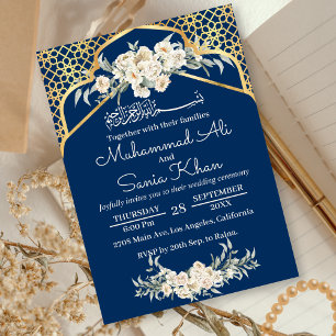 Invitation Bleu minimal Floral Or musulman Mariage musulman i