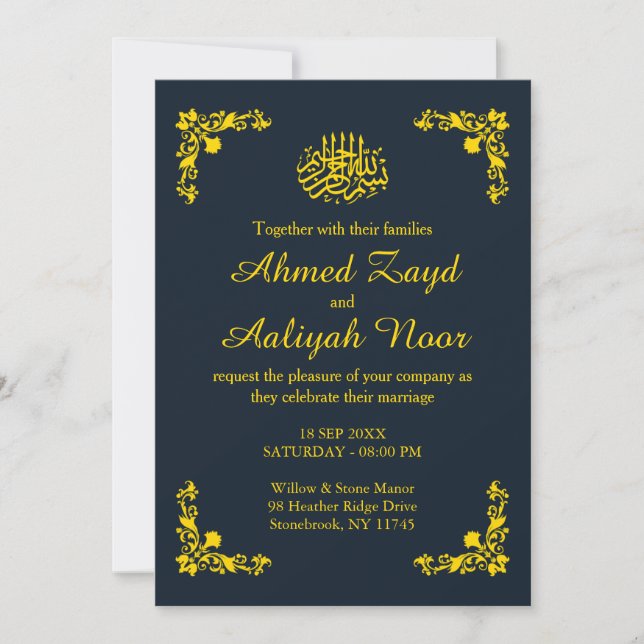 Invitation Bleu Minuit & Or Floral Nikah & Waleema (Devant)