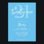 Invitation Bleu moderne Elégant 21e anniversaire<br><div class="desc">Une simple invitation moderne 21ème anniversaire avec une élégante typographie de script de calligraphie et un design minimaliste en bleu et blanc.</div>