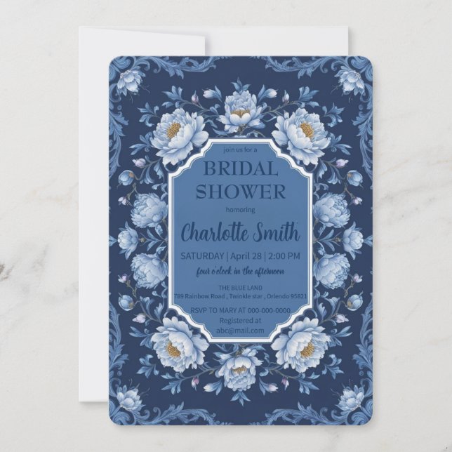 Invitation Bleu Moderne Rose Fleur antique douche nuptiale (Devant)