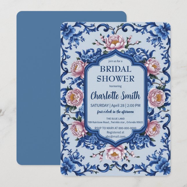 Invitation Bleu Moderne Rose Fleur antique douche nuptiale (Devant / Derrière)