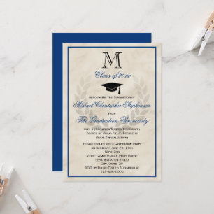 Invitation Bleu Monogramme Wreath Classic College Graduation