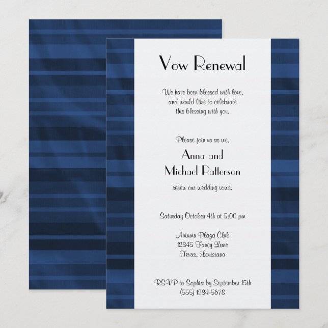Invitation Bleu, Motif rayé, Lignes, Renouvellement Vow (Devant / Derrière)
