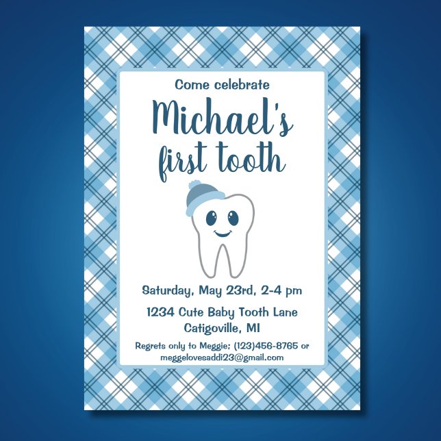 Invitation Bleu mou Plaid Baby Boy's First Tooth Party (Créateur téléchargé)
