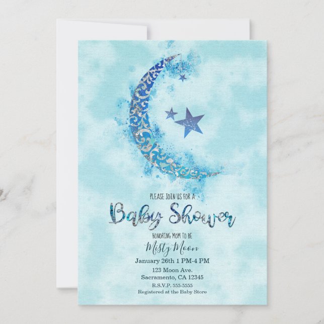Invitation Bleu Mystique & Aquarelle Argentée Demi Lune (Devant)