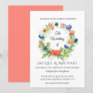 Invitation Bleu n Coral Chrysanthemum Thistle Mariage de la c