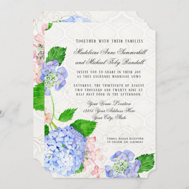 Invitation Bleu n rose Hydrangée Aquarelle Floral Arabesque (Devant / Derrière)