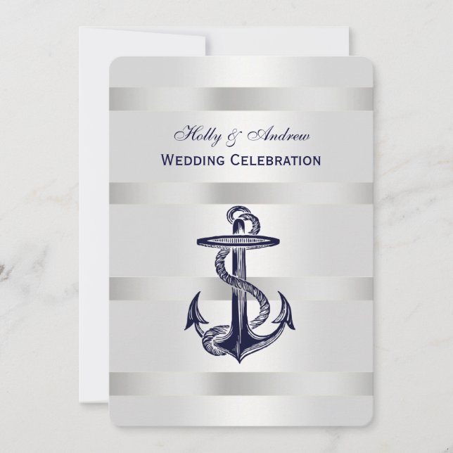 Invitation Bleu Nautique Ancre Argent Poids BG V Mariage (Devant)