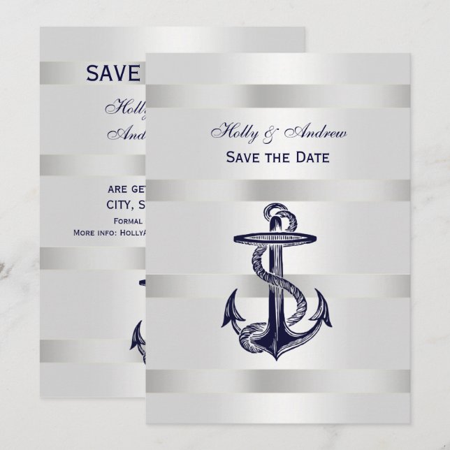 Invitation Bleu Nautique Ancre Argent Poids BG V Save the Dat (Devant / Derrière)