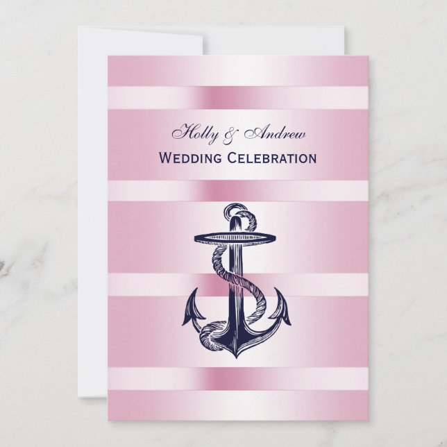 Invitation Bleu Nautique Ancre Rose Fond V Mariage (Devant)