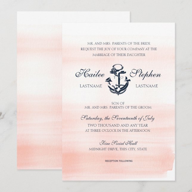 Invitation Bleu nautique et Mariage d'aquarelle marine (Devant / Derrière)